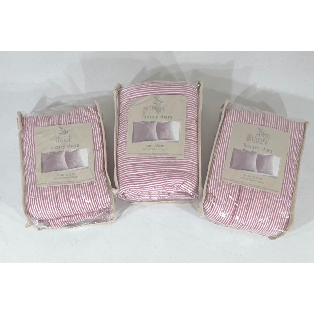 Thatch Home Euro Sham 26x26 Dusty Red White Ticking Stripe Quilted Set of 3